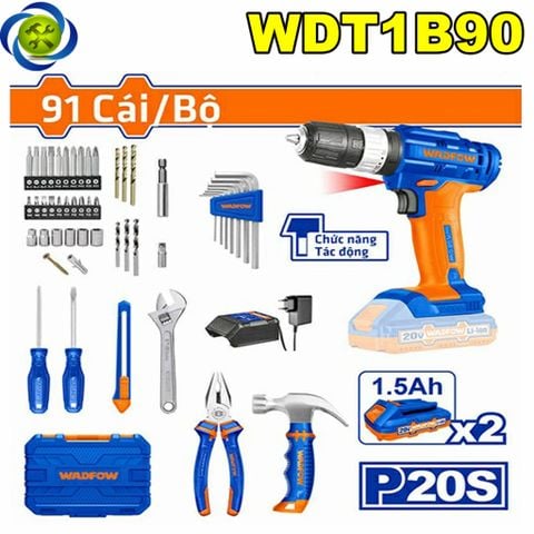 Bộ Đồ Nghề Có Máy Khoan Búa Pin 20V 91 Chi Tiết Wadfow WDT1B90