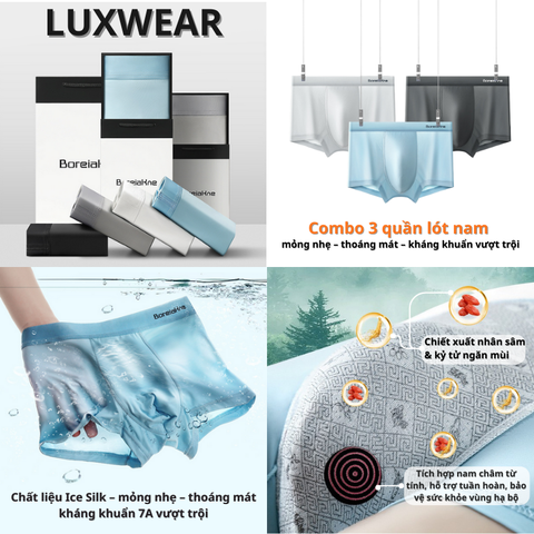 [Bộ 3] Quần Lót Nam Boxer Ice Silk, Kháng Khuẩn 5A, Công Nghệ Nam Châm Từ, Hỗ Trợ Tuần Hoàn, Thoáng Mát, Bổ Sung Tinh Chất Nhân Sâm Kỷ Tử | QLN-LW02