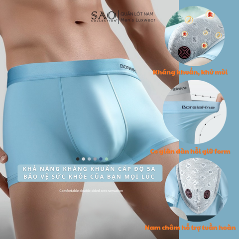[Bộ 3] Quần Lót Nam Boxer Ice Silk, Kháng Khuẩn 5A, Công Nghệ Nam Châm Từ, Hỗ Trợ Tuần Hoàn, Thoáng Mát, Bổ Sung Tinh Chất Nhân Sâm Kỷ Tử | QLN-LW02