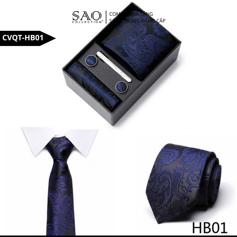 Bộ Quà Tặng Cà Vạt Nam Cao Cấp – 4 Món Cà Vạt, Khăn Vest, Kẹp, Khuy Măng Sét CVQTHB01