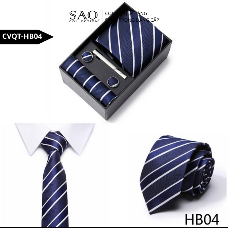 Bộ Quà Tặng Cà Vạt Nam Cao Cấp – 4 Món Cà Vạt, Khăn Vest, Kẹp, Khuy Măng Sét CVQTHB04
