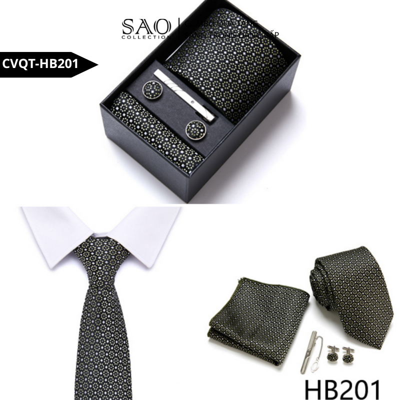 Bộ Quà Tặng Cà Vạt Nam Cao Cấp – 4 Món Cà Vạt, Khăn Vest, Kẹp, Khuy Măng Sét CVQTHB201