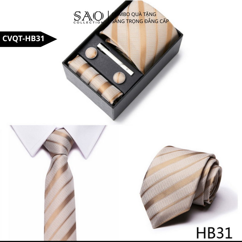 Bộ Quà Tặng Cà Vạt Nam Cao Cấp – 4 Món Cà Vạt, Khăn Vest, Kẹp, Khuy Măng Sét CVQTHB31