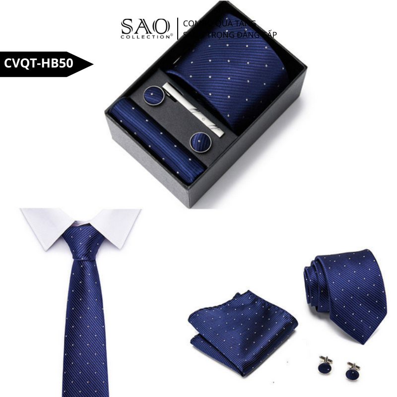 Bộ Quà Tặng Cà Vạt Nam Cao Cấp – 4 Món Cà Vạt, Khăn Vest, Kẹp, Khuy Măng Sét CVQTHB50