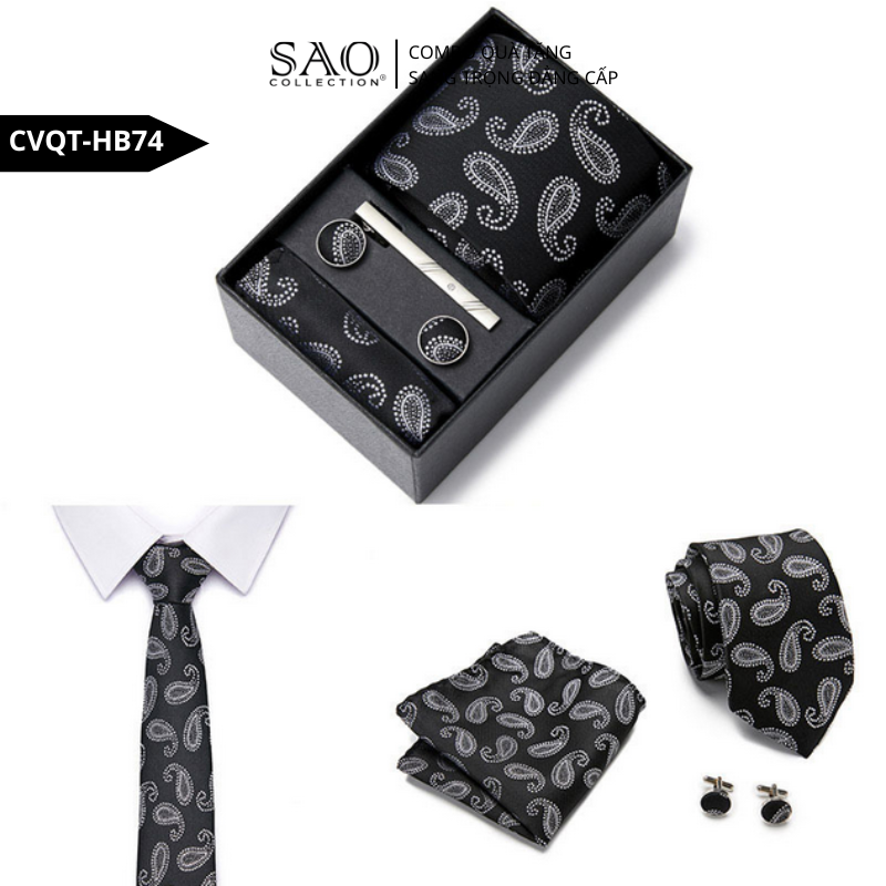 Bộ Quà Tặng Cà Vạt Nam Cao Cấp – 4 Món Cà Vạt, Khăn Vest, Kẹp, Khuy Măng Sét CVQTHB74