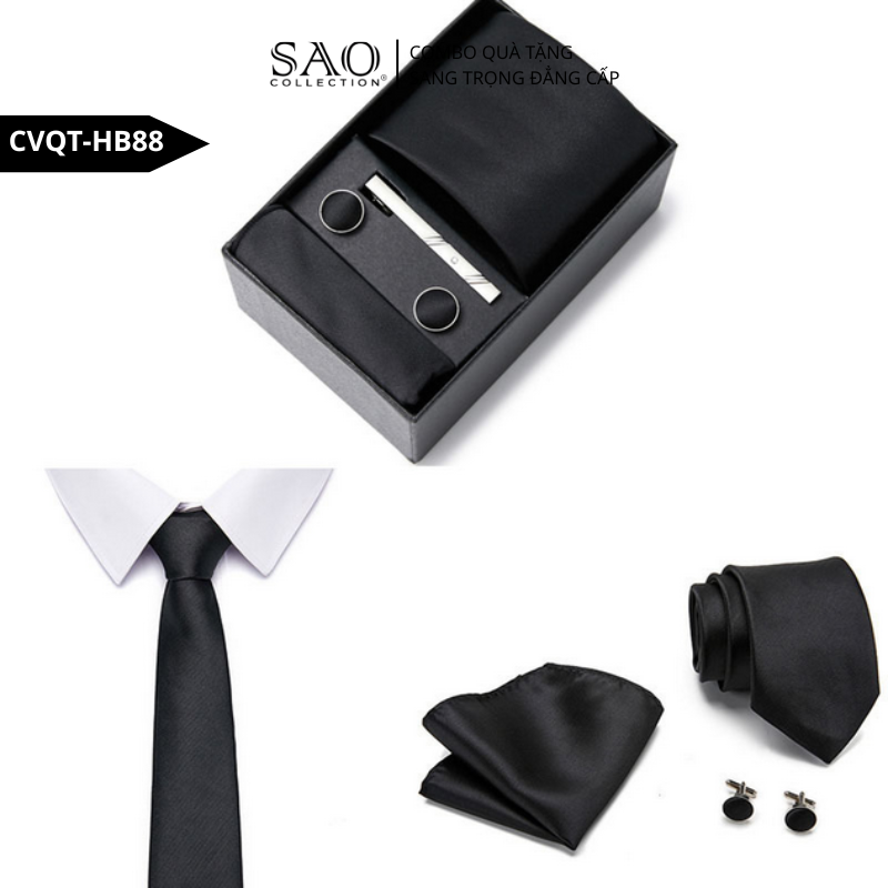 Bộ Quà Tặng Cà Vạt Nam Cao Cấp – 4 Món Cà Vạt, Khăn Vest, Kẹp, Khuy Măng Sét CVQTHB88