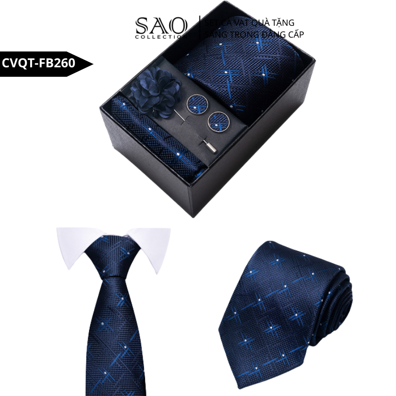 Bộ Quà Tặng Cà Vạt Nam Cao Cấp – 4 Món Cà Vạt, Khăn Vest, Kẹp, Khuy Măng Sét CVQTHB260