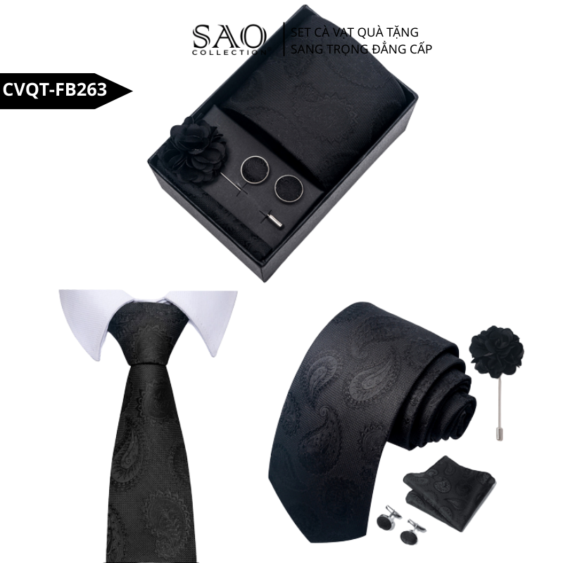 Bộ Quà Tặng Cà Vạt Nam Cao Cấp – 4 Món Cà Vạt, Khăn Vest, Kẹp, Khuy Măng Sét CVQTHB263