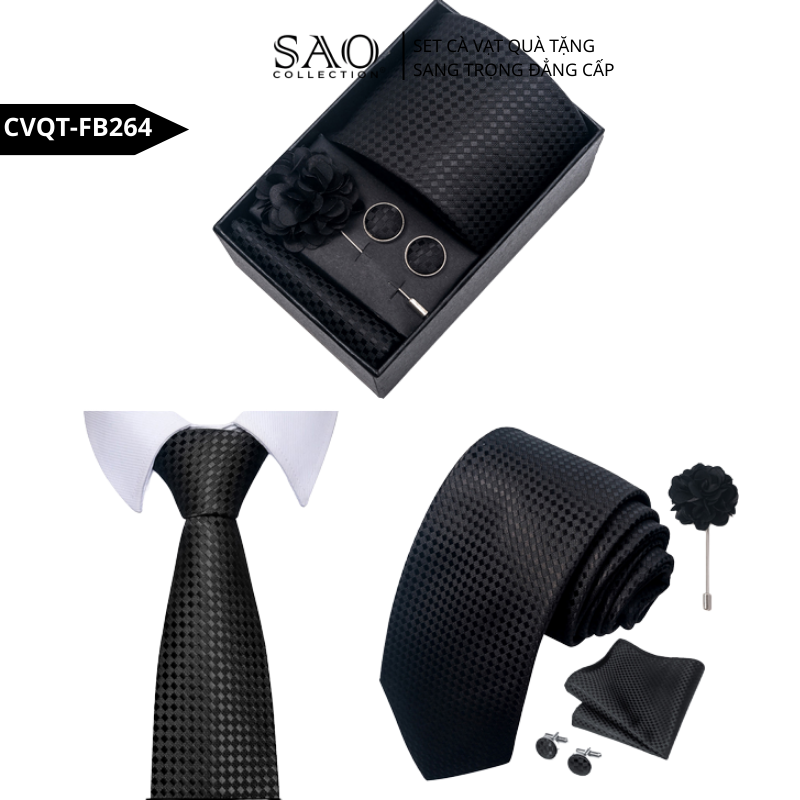 Bộ Quà Tặng Cà Vạt Nam Cao Cấp – 4 Món Cà Vạt, Khăn Vest, Kẹp, Khuy Măng Sét CVQTHB264
