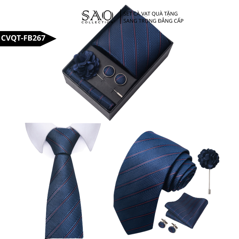 Bộ Quà Tặng Cà Vạt Nam Cao Cấp – 4 Món Cà Vạt, Khăn Vest, Kẹp, Khuy Măng Sét CVQTHB267