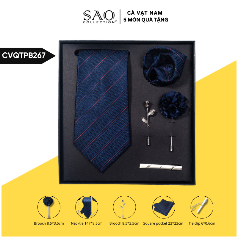 Cà Vạt Nam Combo 5 Món Cao Cấp – Cà Vạt Lụa, Khăn, Kẹp, Ghim, Măng Sét – Phụ Kiện Vest Quà Tặng Lịch Lãm (CVQTPB267)