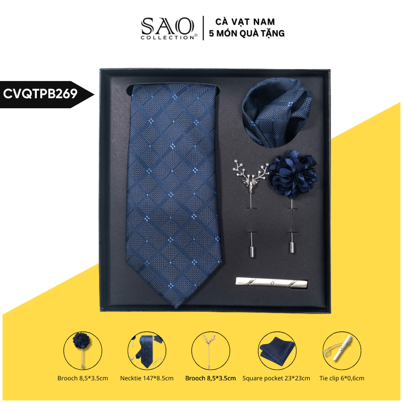 Cà Vạt Nam Combo 5 Món Cao Cấp – Cà Vạt Lụa, Khăn, Kẹp, Ghim, Măng Sét – Phụ Kiện Vest Quà Tặng Lịch Lãm (CVQTPB269)