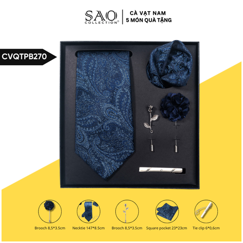Cà Vạt Nam Combo 5 Món Cao Cấp – Cà Vạt Lụa, Khăn, Kẹp, Ghim, Măng Sét – Phụ Kiện Vest Quà Tặng Lịch Lãm (CVQTPB270)