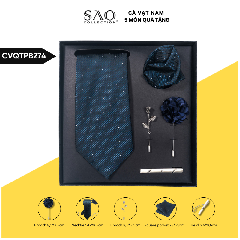 Cà Vạt Nam Combo 5 Món Cao Cấp – Cà Vạt Lụa, Khăn, Kẹp, Ghim, Măng Sét – Phụ Kiện Vest Quà Tặng Lịch Lãm (CVQTPB274)