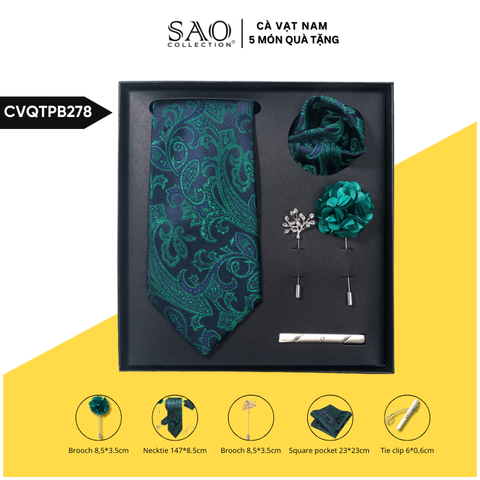 Cà Vạt Nam Combo 5 Món Cao Cấp – Cà Vạt Lụa, Khăn, Kẹp, Ghim, Măng Sét – Phụ Kiện Vest Quà Tặng Lịch Lãm (CVQTPB278)