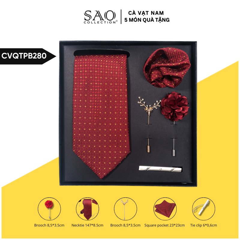 Cà Vạt Nam Combo 5 Món Cao Cấp – Cà Vạt Lụa, Khăn, Kẹp, Ghim, Măng Sét – Phụ Kiện Vest Quà Tặng Lịch Lãm (CVQTPB280)