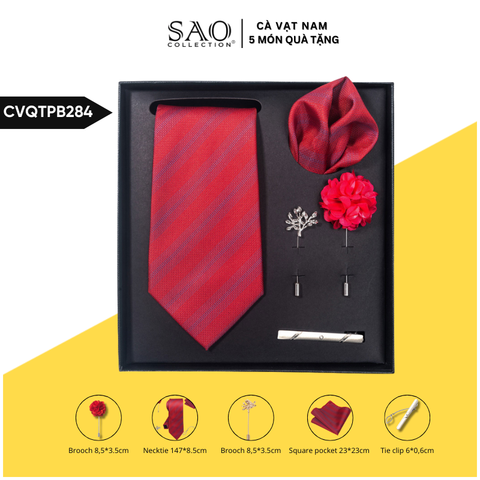 Cà Vạt Nam Combo 5 Món Cao Cấp – Cà Vạt Lụa, Khăn, Kẹp, Ghim, Măng Sét – Phụ Kiện Vest Quà Tặng Lịch Lãm (CVQTPB284)