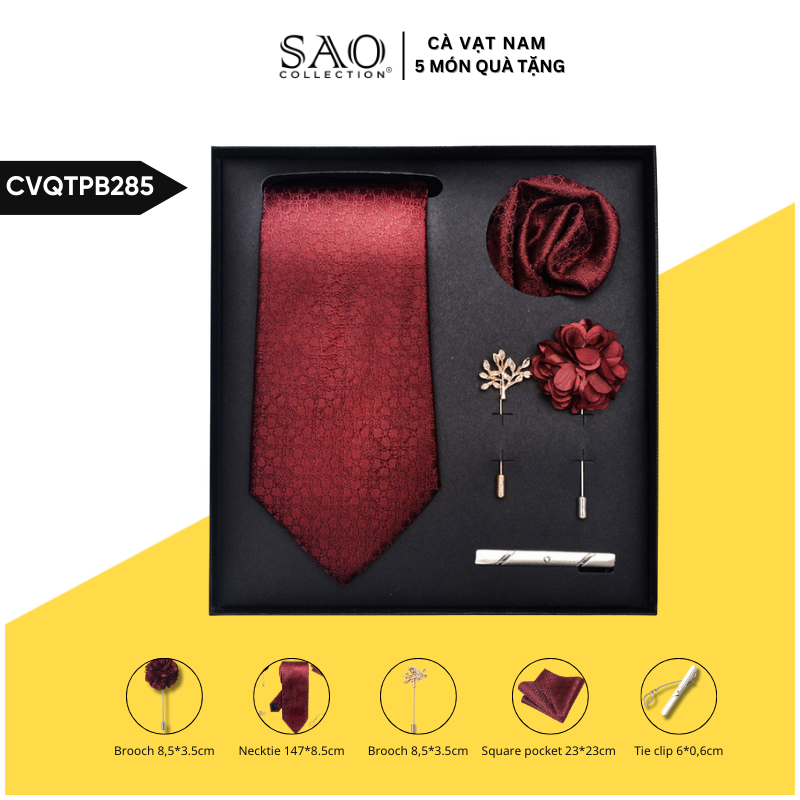 Cà Vạt Nam Combo 5 Món Cao Cấp – Cà Vạt Lụa, Khăn, Kẹp, Ghim, Măng Sét – Phụ Kiện Vest Quà Tặng Lịch Lãm (CVQTPB285)