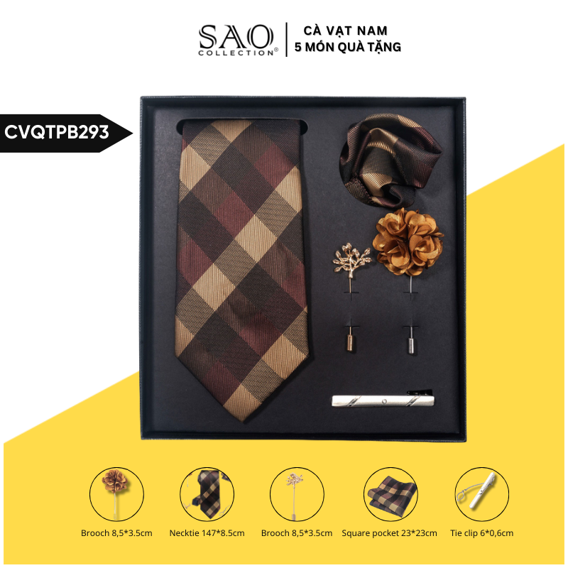 Cà Vạt Nam Combo 5 Món Cao Cấp – Cà Vạt Lụa, Khăn, Kẹp, Ghim, Măng Sét – Phụ Kiện Vest Quà Tặng Lịch Lãm (CVQTPB293)