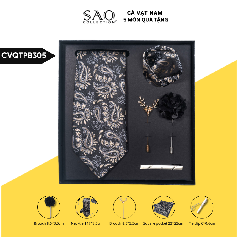 Cà Vạt Nam Combo 5 Món Cao Cấp – Cà Vạt Lụa, Khăn, Kẹp, Ghim, Măng Sét – Phụ Kiện Vest Quà Tặng Lịch Lãm (CVQTPB305)