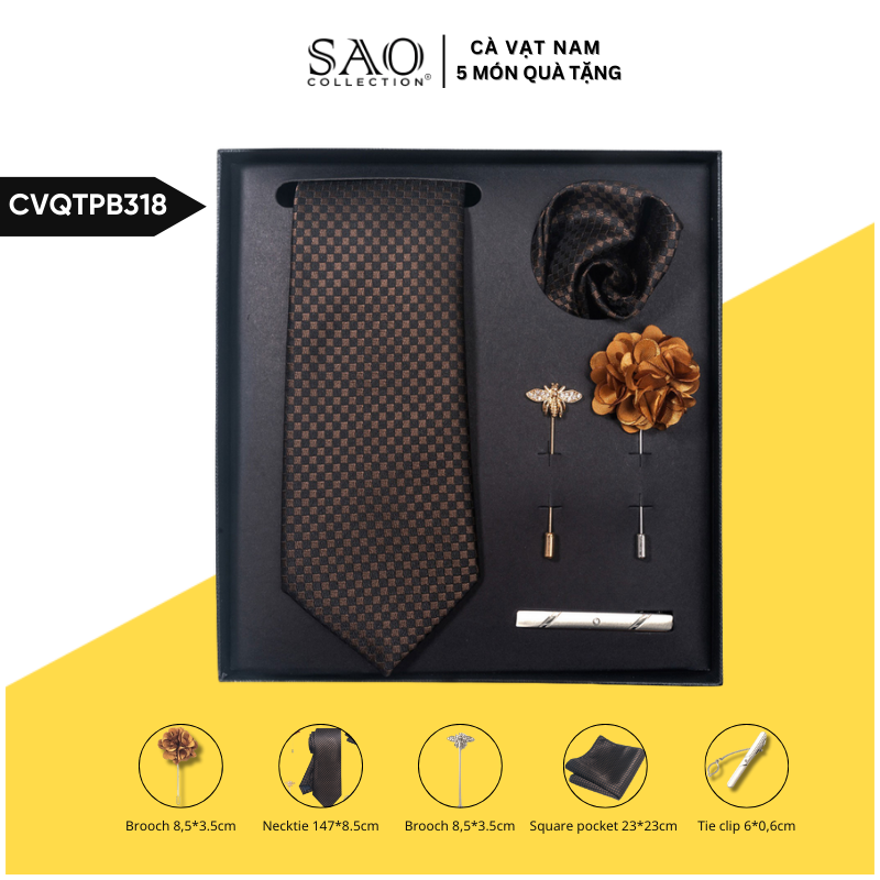 Cà Vạt Nam Combo 5 Món Cao Cấp – Cà Vạt Lụa, Khăn, Kẹp, Ghim, Măng Sét – Phụ Kiện Vest Quà Tặng Lịch Lãm (CVQTPB318)