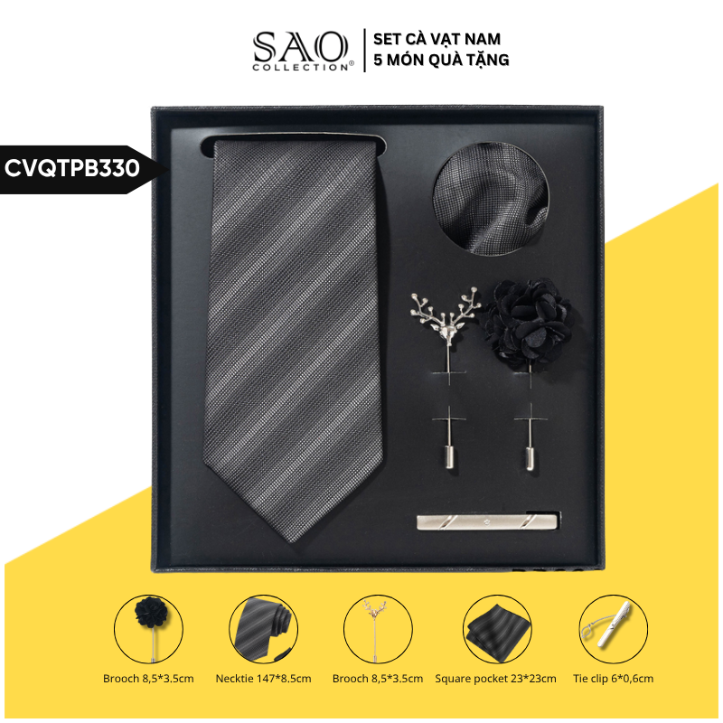 Cà Vạt Nam Combo 5 Món Cao Cấp – Cà Vạt Lụa, Khăn, Kẹp, Ghim, Măng Sét – Phụ Kiện Vest Quà Tặng Lịch Lãm (CVQTPB330)