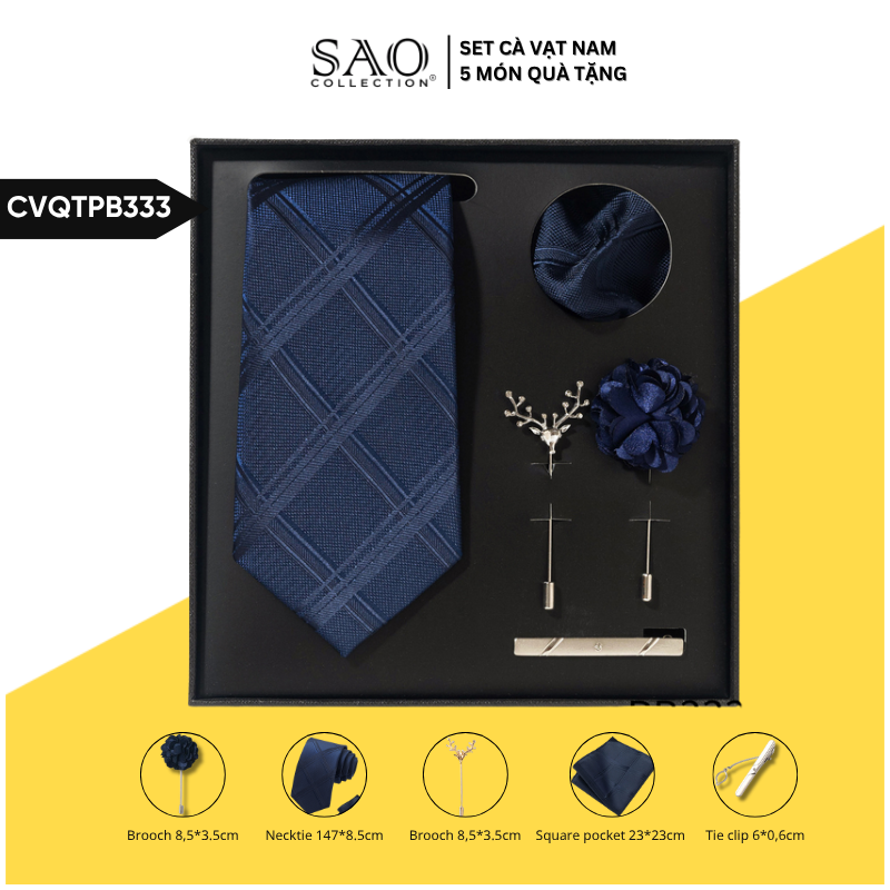Cà Vạt Nam Combo 5 Món Cao Cấp – Cà Vạt Lụa, Khăn, Kẹp, Ghim, Măng Sét – Phụ Kiện Vest Quà Tặng Lịch Lãm (CVQTPB333)
