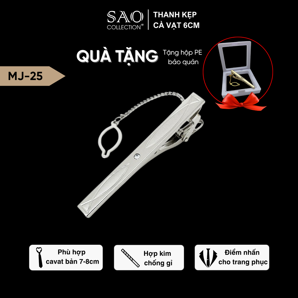 Thanh Kẹp Cà Vạt, Kẹp Caravat Cao Cấp Màu Bạc 6cm (MJ25)