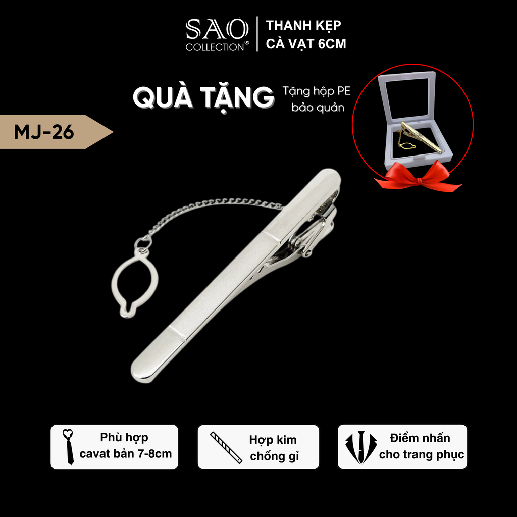 Thanh Kẹp Cà Vạt, Kẹp Caravat Cao Cấp Màu Bạc 6cm (MJ26)