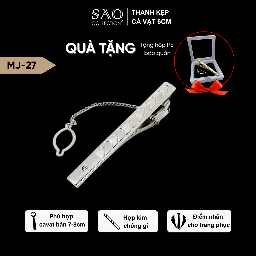 Thanh Kẹp Cà Vạt, Kẹp Caravat Cao Cấp Màu Bạc 6cm (MJ27)