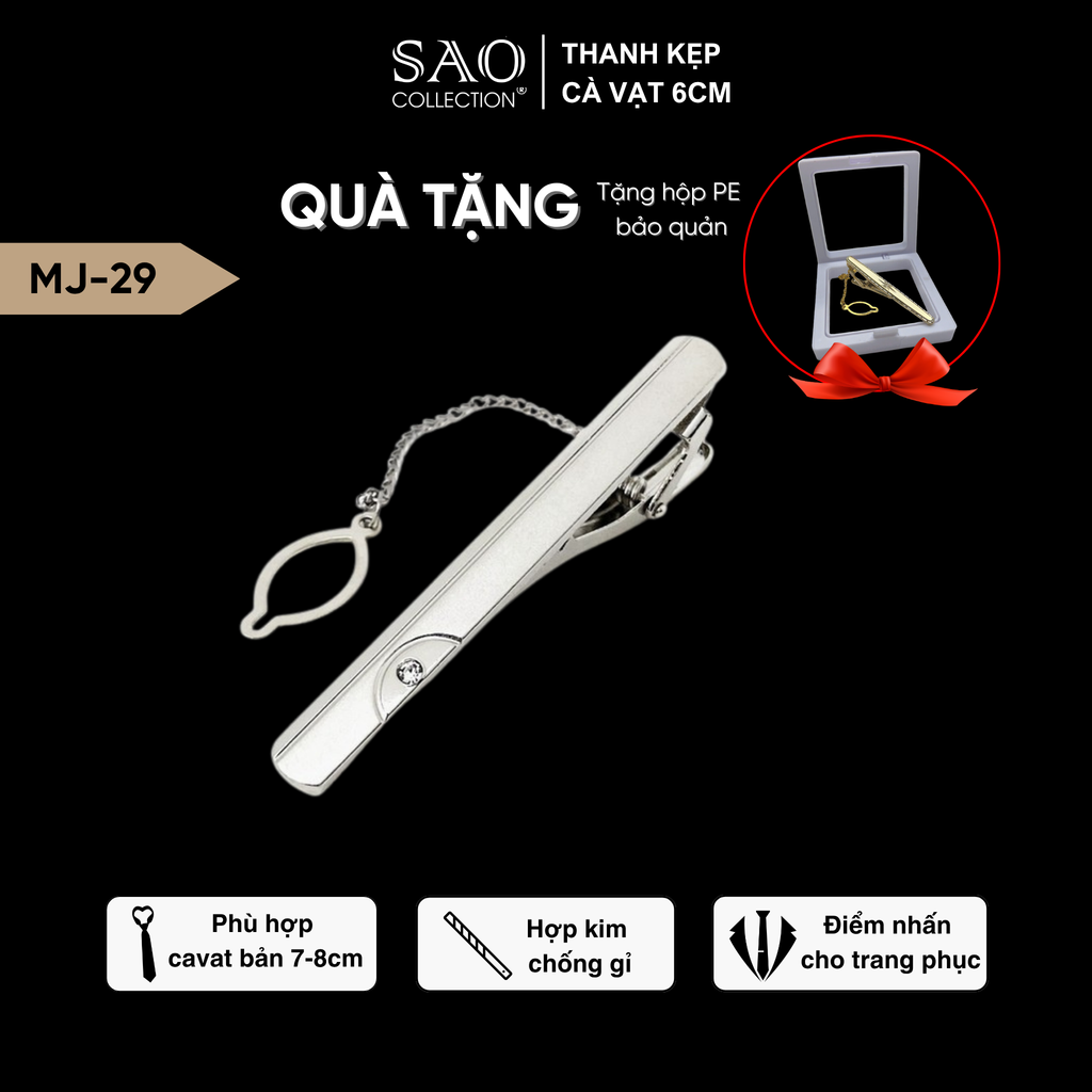 Thanh Kẹp Cà Vạt, Kẹp Caravat Cao Cấp Màu Bạc 6cm (MJ29)