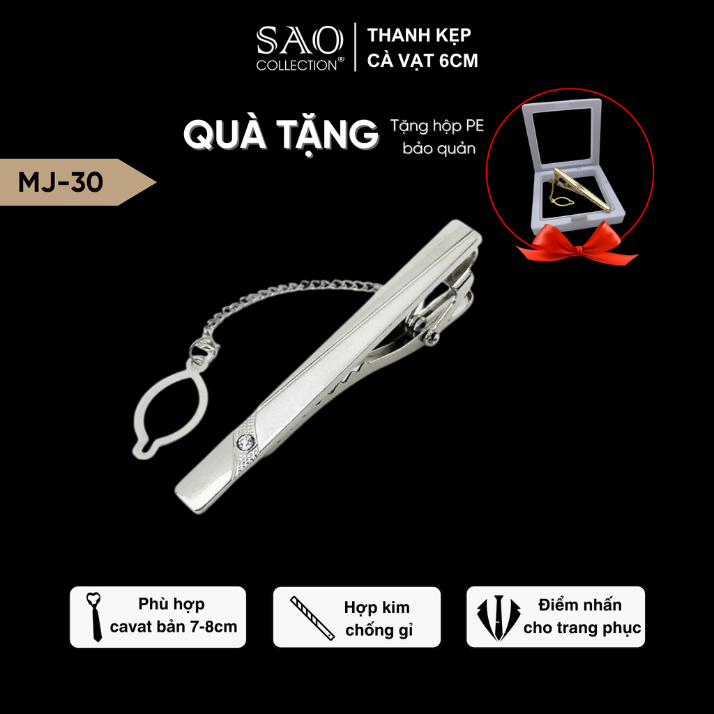 Thanh Kẹp Cà Vạt, Kẹp Caravat Cao Cấp Màu Bạc 6cm (MJ30)