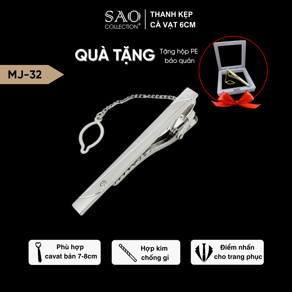 Thanh Kẹp Cà Vạt, Kẹp Caravat Cao Cấp Màu Bạc 6cm (MJ32)