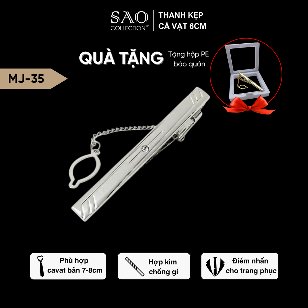 Thanh Kẹp Cà Vạt, Kẹp Caravat Cao Cấp Màu Bạc 6cm (MJ35)