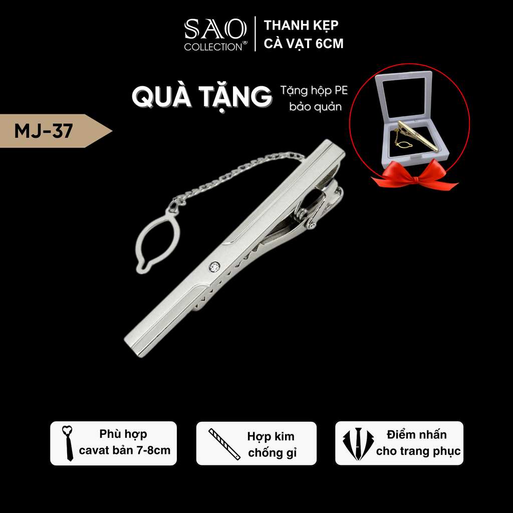 Thanh Kẹp Cà Vạt, Kẹp Caravat Cao Cấp Màu Bạc 6cm (MJ37)