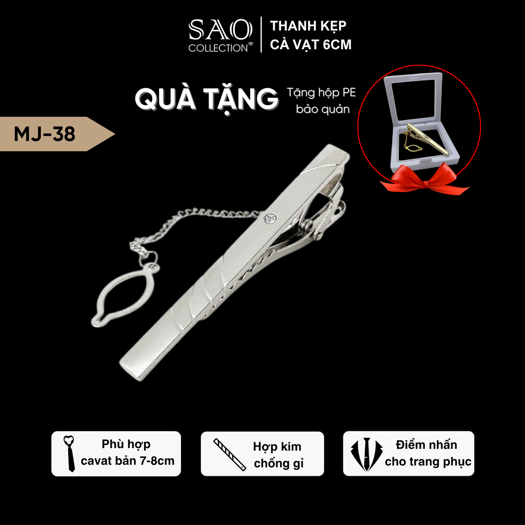 Thanh Kẹp Cà Vạt, Kẹp Caravat Cao Cấp Màu Bạc 6cm (MJ38)