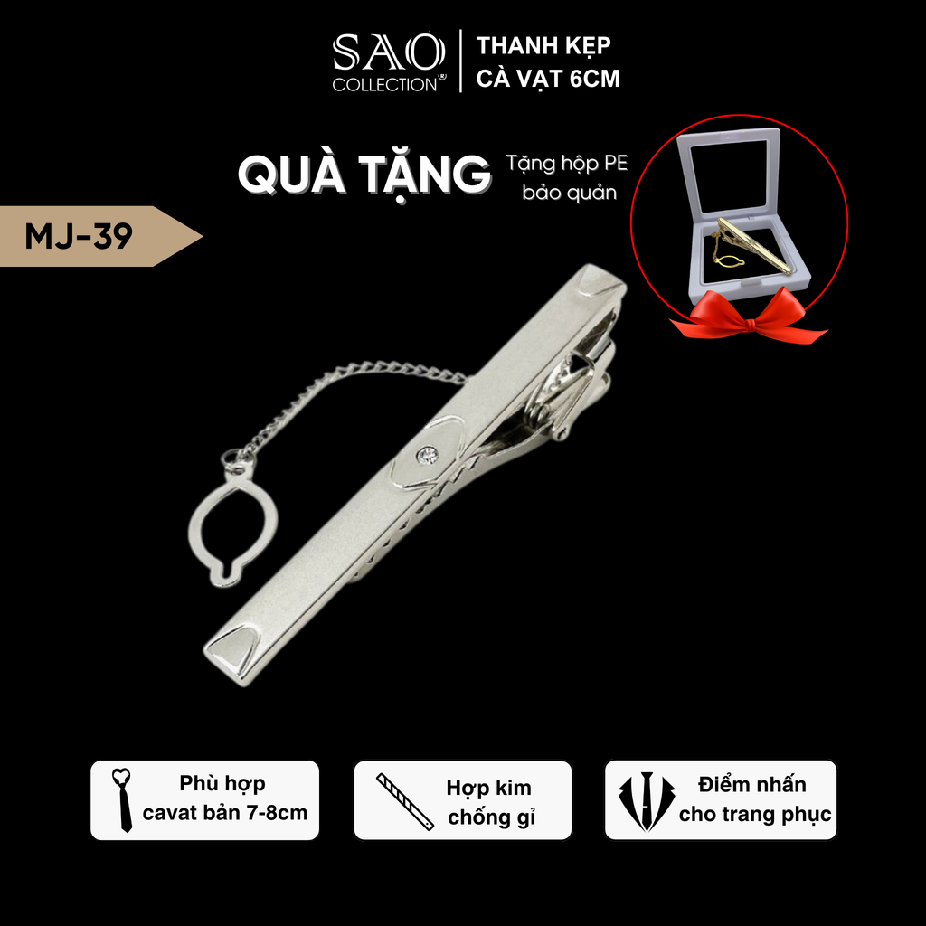 Thanh Kẹp Cà Vạt, Kẹp Caravat Cao Cấp Màu Bạc 6cm (MJ39)