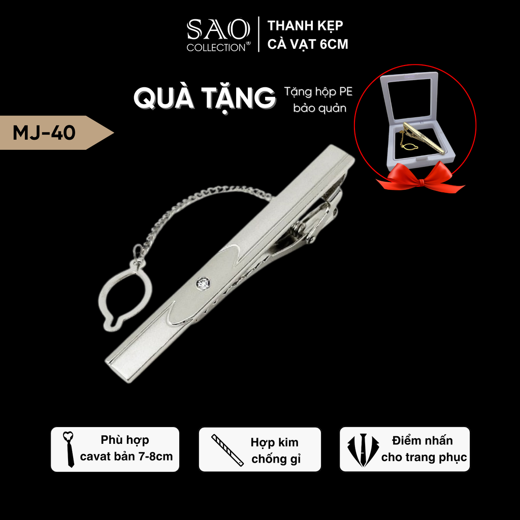 Thanh Kẹp Cà Vạt, Kẹp Caravat Cao Cấp Màu Bạc 6cm (MJ40)