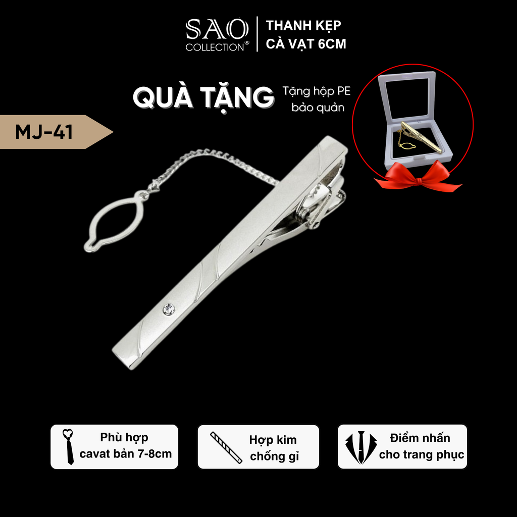 Thanh Kẹp Cà Vạt, Kẹp Caravat Cao Cấp Màu Bạc 6cm (MJ41)