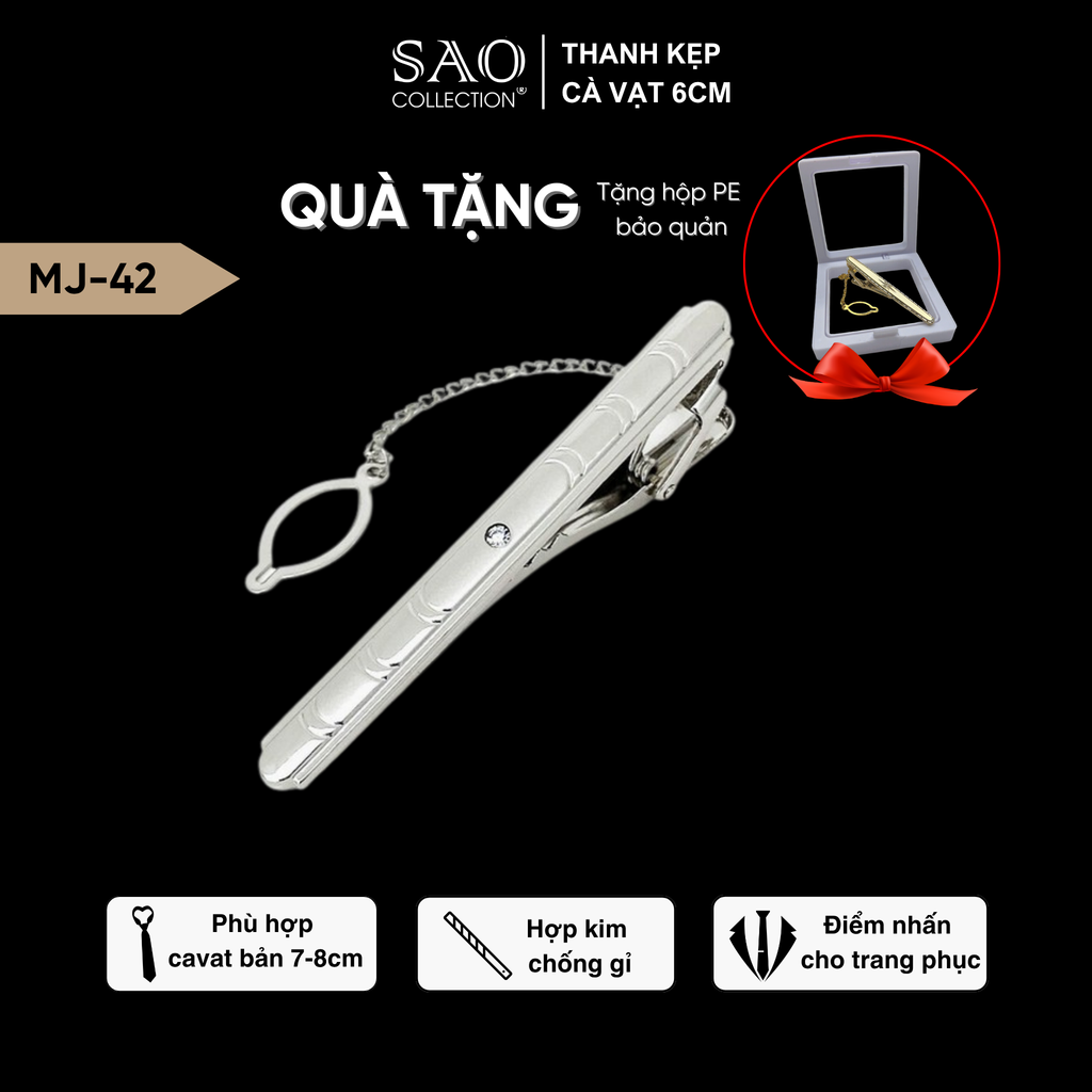 Thanh Kẹp Cà Vạt, Kẹp Caravat Cao Cấp Màu Bạc 6cm (MJ42)