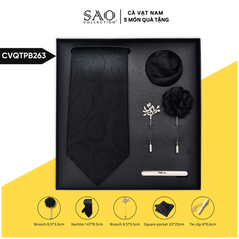 Cà Vạt Nam Combo 5 Món Cao Cấp – Cà Vạt Lụa, Khăn, Kẹp, Ghim, Măng Sét – Phụ Kiện Vest Quà Tặng Lịch Lãm (CVQTPB263)