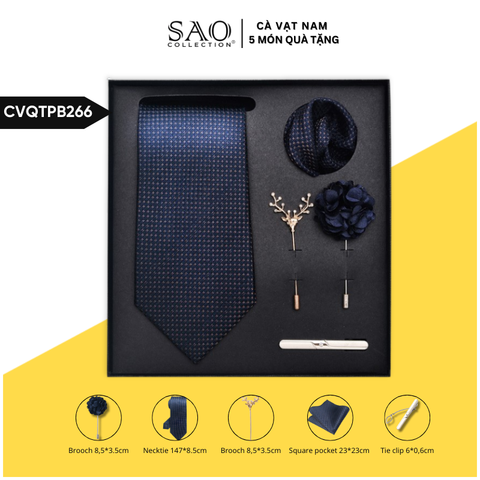 Cà Vạt Nam Combo 5 Món Cao Cấp – Cà Vạt Lụa, Khăn, Kẹp, Ghim, Măng Sét – Phụ Kiện Vest Quà Tặng Lịch Lãm (CVQTPB266)
