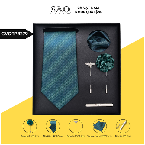 Cà Vạt Nam Combo 5 Món Cao Cấp – Cà Vạt Lụa, Khăn, Kẹp, Ghim, Măng Sét – Phụ Kiện Vest Quà Tặng Lịch Lãm (CVQTPB279)