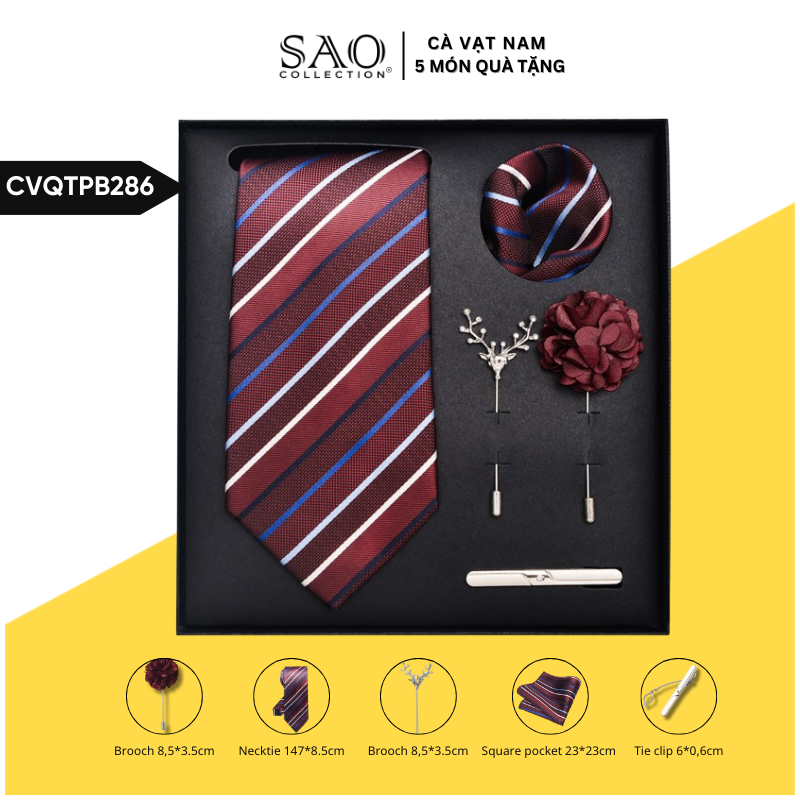 Cà Vạt Nam Combo 5 Món Cao Cấp – Cà Vạt Lụa, Khăn, Kẹp, Ghim, Măng Sét – Phụ Kiện Vest Quà Tặng Lịch Lãm (CVQTPB286)