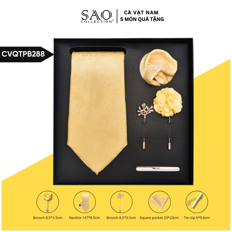Cà Vạt Nam Combo 5 Món Cao Cấp – Cà Vạt Lụa, Khăn, Kẹp, Ghim, Măng Sét – Phụ Kiện Vest Quà Tặng Lịch Lãm (CVQTPB288)