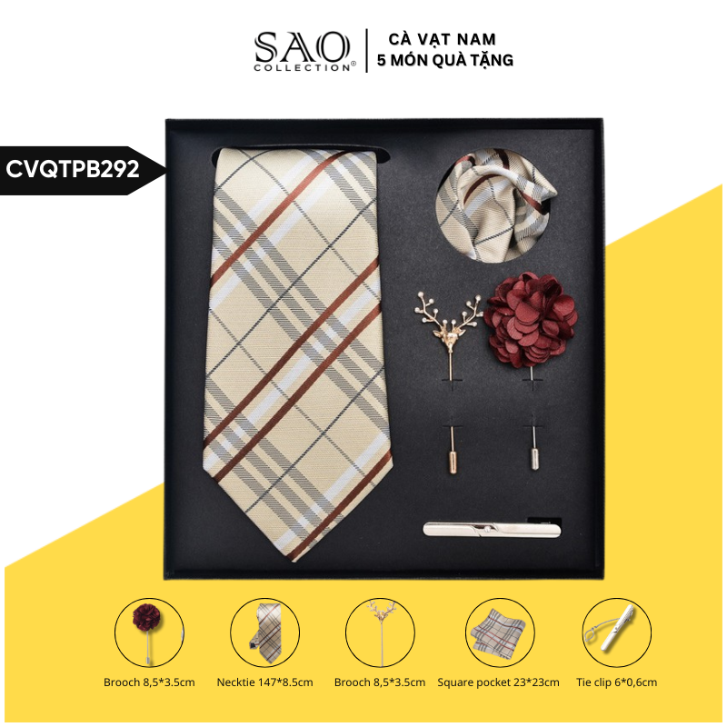 Cà Vạt Nam Combo 5 Món Cao Cấp – Cà Vạt Lụa, Khăn, Kẹp, Ghim, Măng Sét – Phụ Kiện Vest Quà Tặng Lịch Lãm (CVQTPB292)