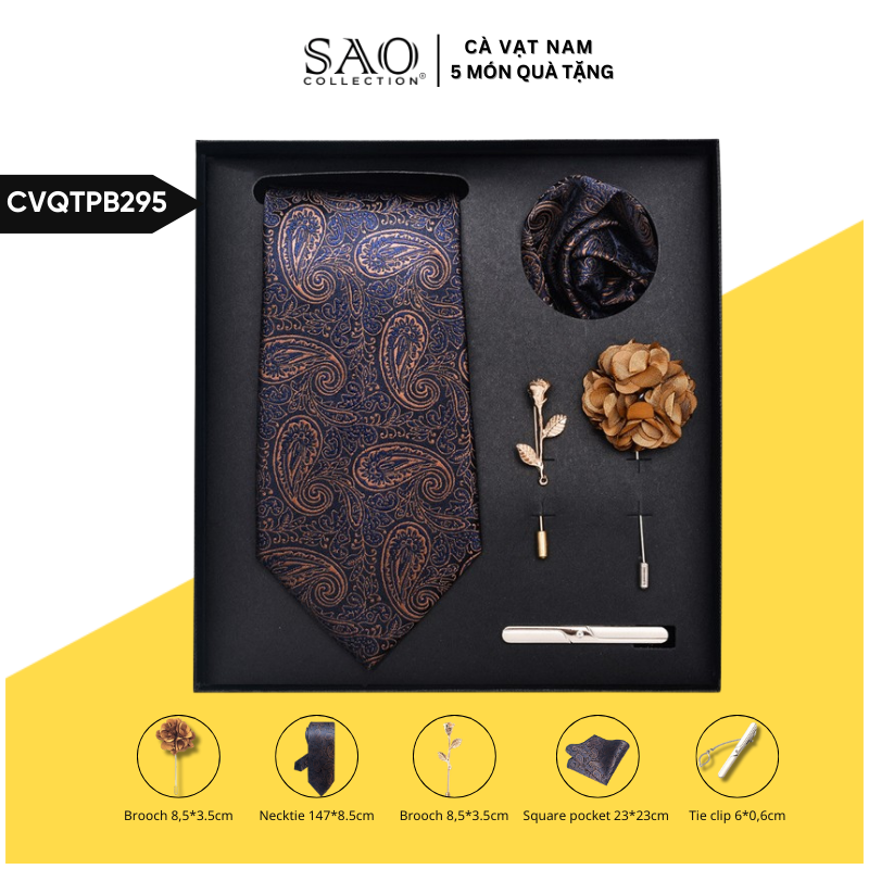 Cà Vạt Nam Combo 5 Món Cao Cấp – Cà Vạt Lụa, Khăn, Kẹp, Ghim, Măng Sét – Phụ Kiện Vest Quà Tặng Lịch Lãm (CVQTPB295)
