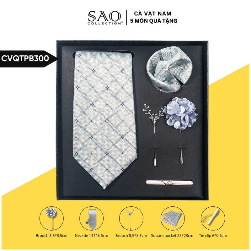 Cà Vạt Nam Combo 5 Món Cao Cấp – Cà Vạt Lụa, Khăn, Kẹp, Ghim, Măng Sét – Phụ Kiện Vest Quà Tặng Lịch Lãm (CVQTPB300)