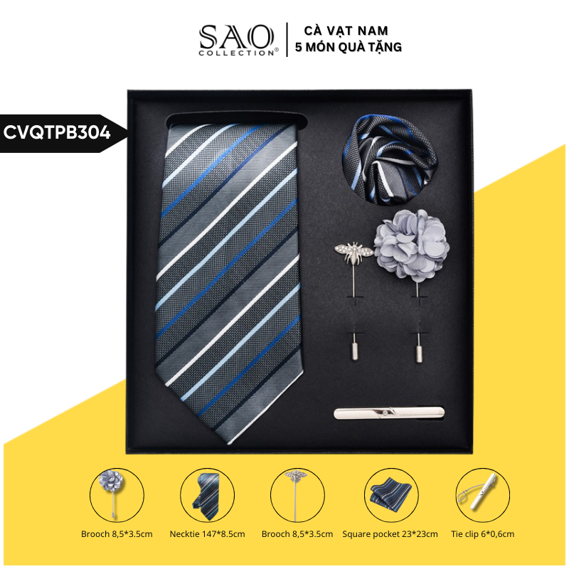 Cà Vạt Nam Combo 5 Món Cao Cấp – Cà Vạt Lụa, Khăn, Kẹp, Ghim, Măng Sét – Phụ Kiện Vest Quà Tặng Lịch Lãm (CVQTPB304)