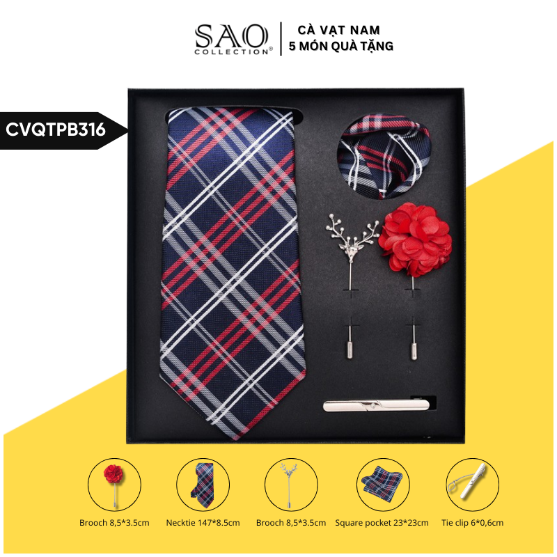 Cà Vạt Nam Combo 5 Món Cao Cấp – Cà Vạt Lụa, Khăn, Kẹp, Ghim, Măng Sét – Phụ Kiện Vest Quà Tặng Lịch Lãm (CVQTPB316)